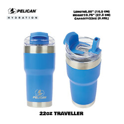 Pelican 22oz 650ml Traveler Tumbler - Azure - แก้วน้ำเก็บอุณหภูมิ เก็บความเย็น-ความร้อ เเท้💯 รับประกัน 1ปี