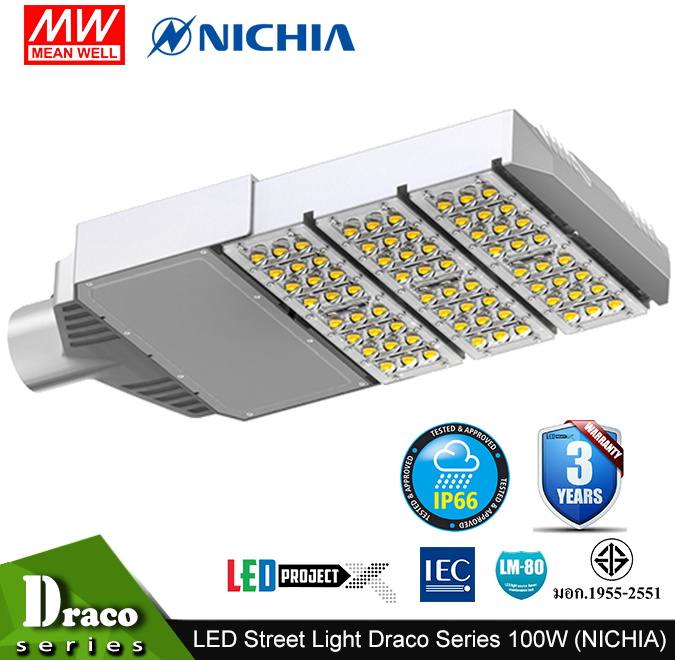 โคมไฟถนน LED Street Light รุ่น Draco 100W 14,000 ลูเมน (LED Nichia ญี่ปุ่น)