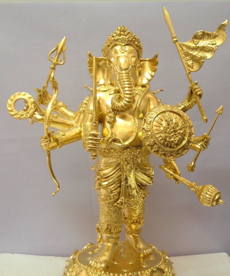 พระพิฆเนศ ปางปราบพญามาร 8 กร 9นิ้ว เนื้อทองเหลือง ลงรัก ปิดทองแท้