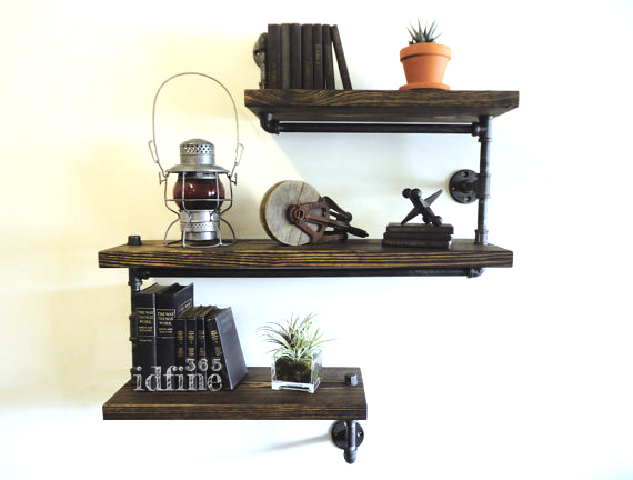 ชั้นวางของติดผนังสไตล์ Loft 3 ชั้น พร้อมราวแขวน คุณภาพดี ราคาถูกใจ