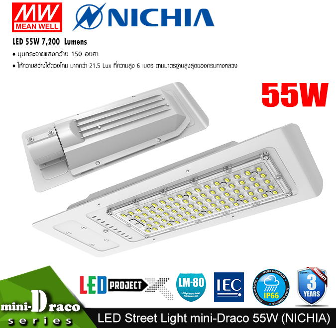 โคมไฟถนน LED Street Light รุ่น mini Draco 55W 7,200 ลูเมน (LED Nichia ญี่ปุ่น)