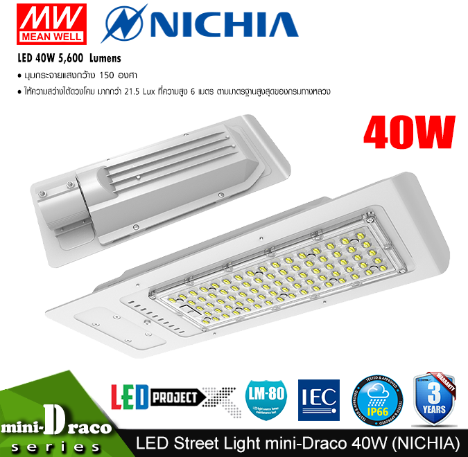 โคมไฟถนน LED Street Light รุ่น mini Draco 40W 5,600 ลูเมน (LED Nichia ญี่ปุ่น)
