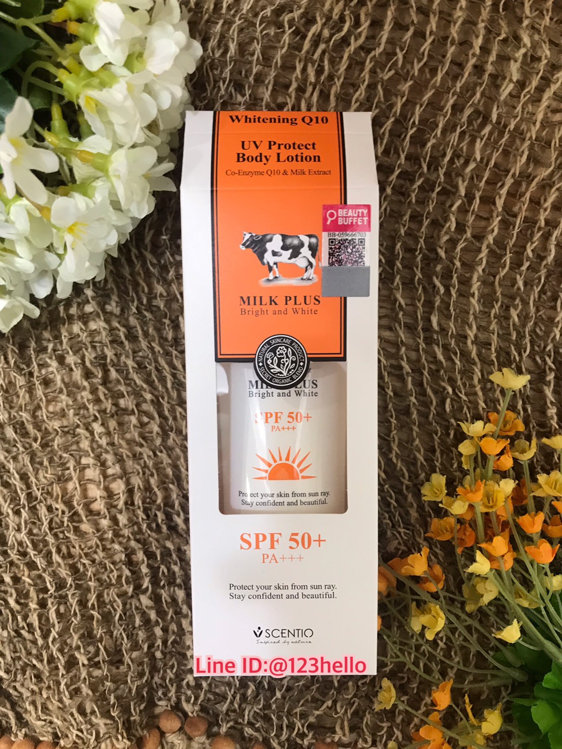 SCENTIO MILK PLUS WHITENING Q10 UV PROTECT BODYLOTIONSPF50+PA++ เซนทิโอ มิลค์ พลัส ไวท์เทนนิ่ง คิวเทน ยูวี โพรเทค บอดี้ โลชั่น เอสพีเอฟ 50+ พีเอ++ 100 มล.