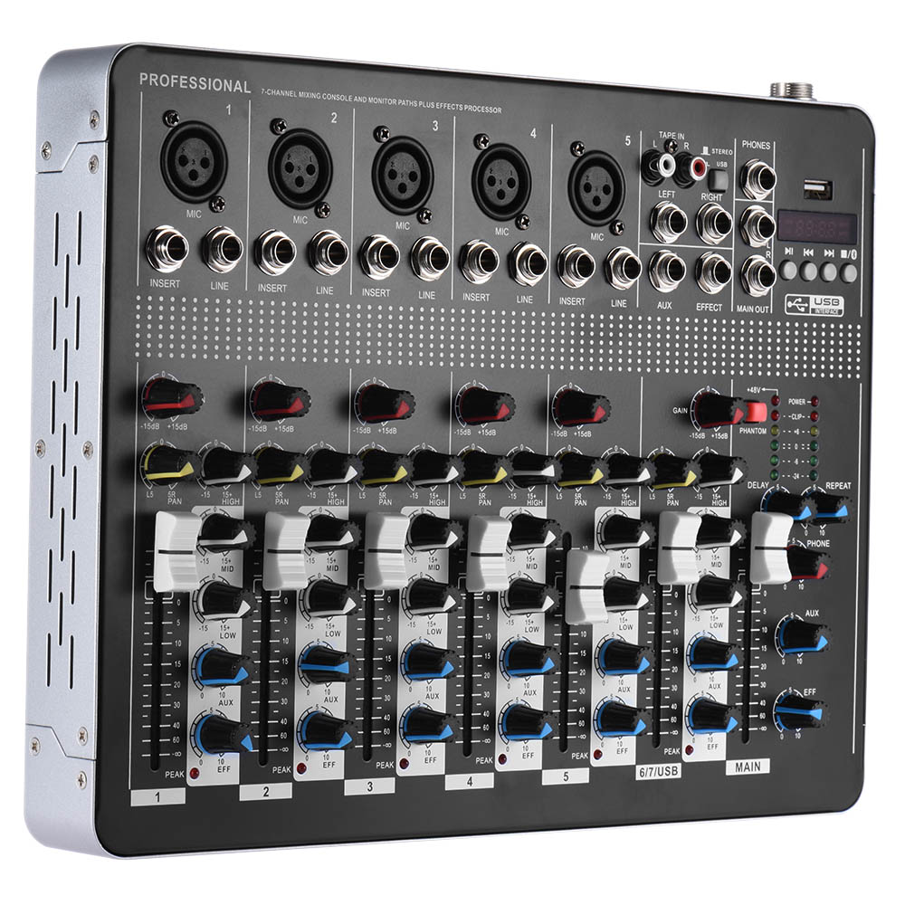 Professional Bluetooth 7-Channel Mic Line Audio Mixer Mixing Console with 3-band EQ 48V Phantom Power USB Interface