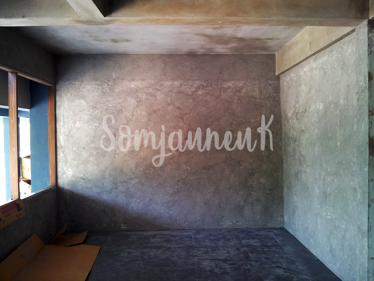 ฉาบผนังปูนลอฟท์บ้านเดี่ยว ซุ้มหน้าบ้าน ห้องรับแขก โถงบันได พื้นที่รวม 60 ตร.ม. @บ้านเดี่ยวคุณาลัย บางขุนเทียน