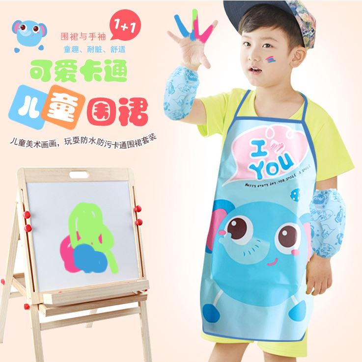 ชุดกันเปื้อนเด็ก+ปลอกแขน กันน้ำ ลายการ์ตูน