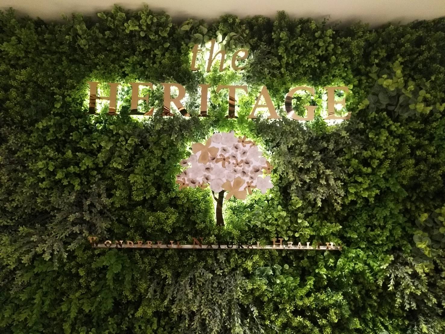 ป้ายโลโก้ สแตนเลสโรสโกลด์ ติดไฟออกหลัง ร้าน THE HERITAGE
