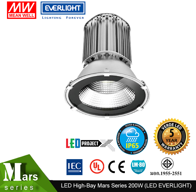 โคมไฟ LED High-Bay Mars GMP Series 200W 24,000 ลูเมน (กระจกนิรภัย) สำหรับอุตสาหกรรมผลิตอาหาร