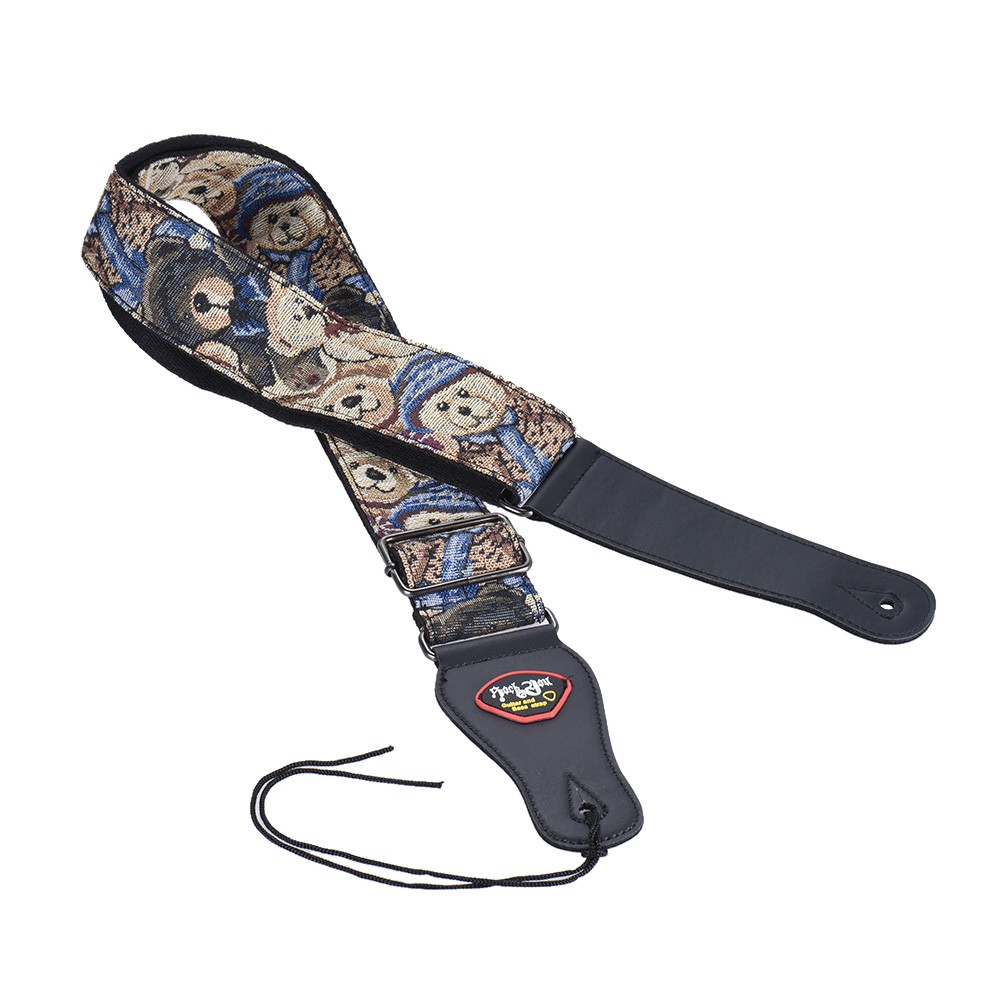 Adjustable Guitar Shoulder Strap Cotton PU Leather Ends with Pick Pocket Tie for Acoustic Folk Classical Electric Guitar Bass Bear Figure