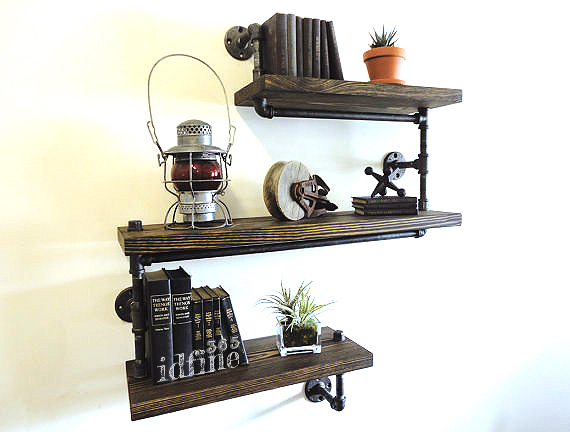 ชั้นวางของติดผนังสไตล์ Loft 3 ชั้น พร้อมราวแขวน คุณภาพดี ราคาถูกใจ