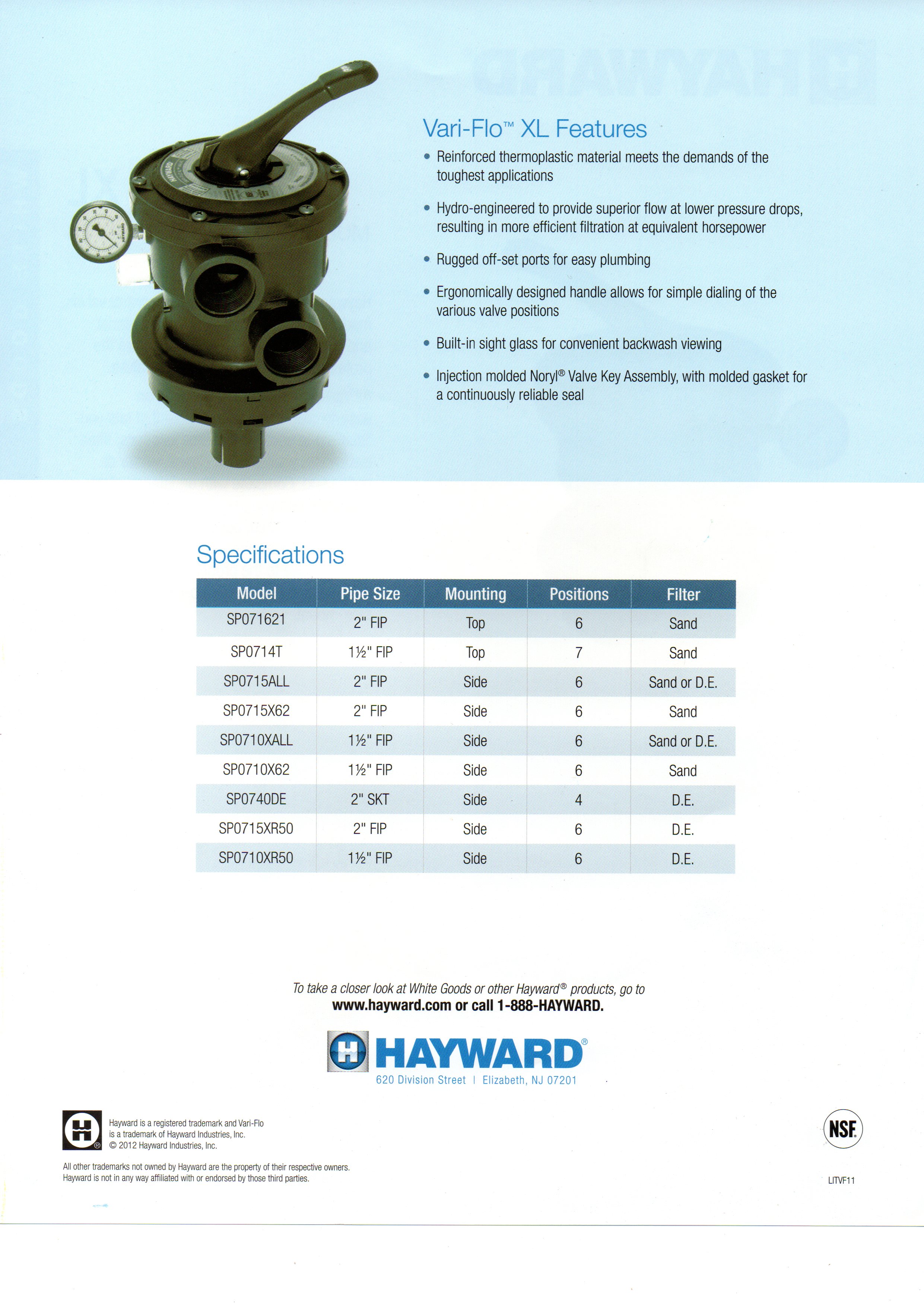 มัลติพอร์ต วาล์ว HAYWARD Vari-Flo TOP MOUNT 1 1/2"