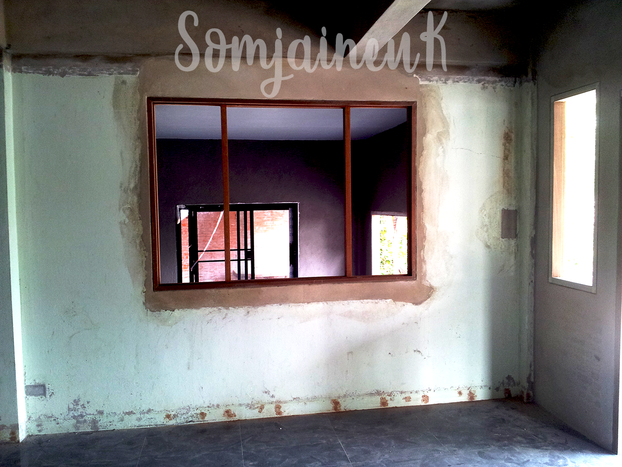 ฉาบผนังปูนลอฟท์บ้านเดี่ยว ซุ้มหน้าบ้าน ห้องรับแขก โถงบันได พื้นที่รวม 60 ตร.ม. @บ้านเดี่ยวคุณาลัย บางขุนเทียน