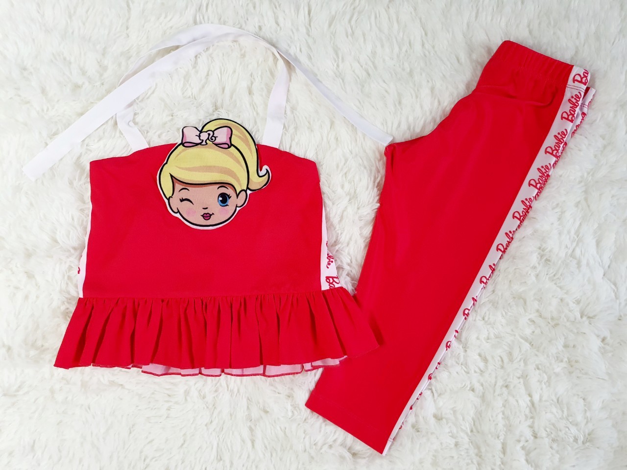 เสื้อ+เลคกิ้ง Laugh Barbie Size XL สีแดง 5y by Cha-Lom มือสองเหมือนใหม่