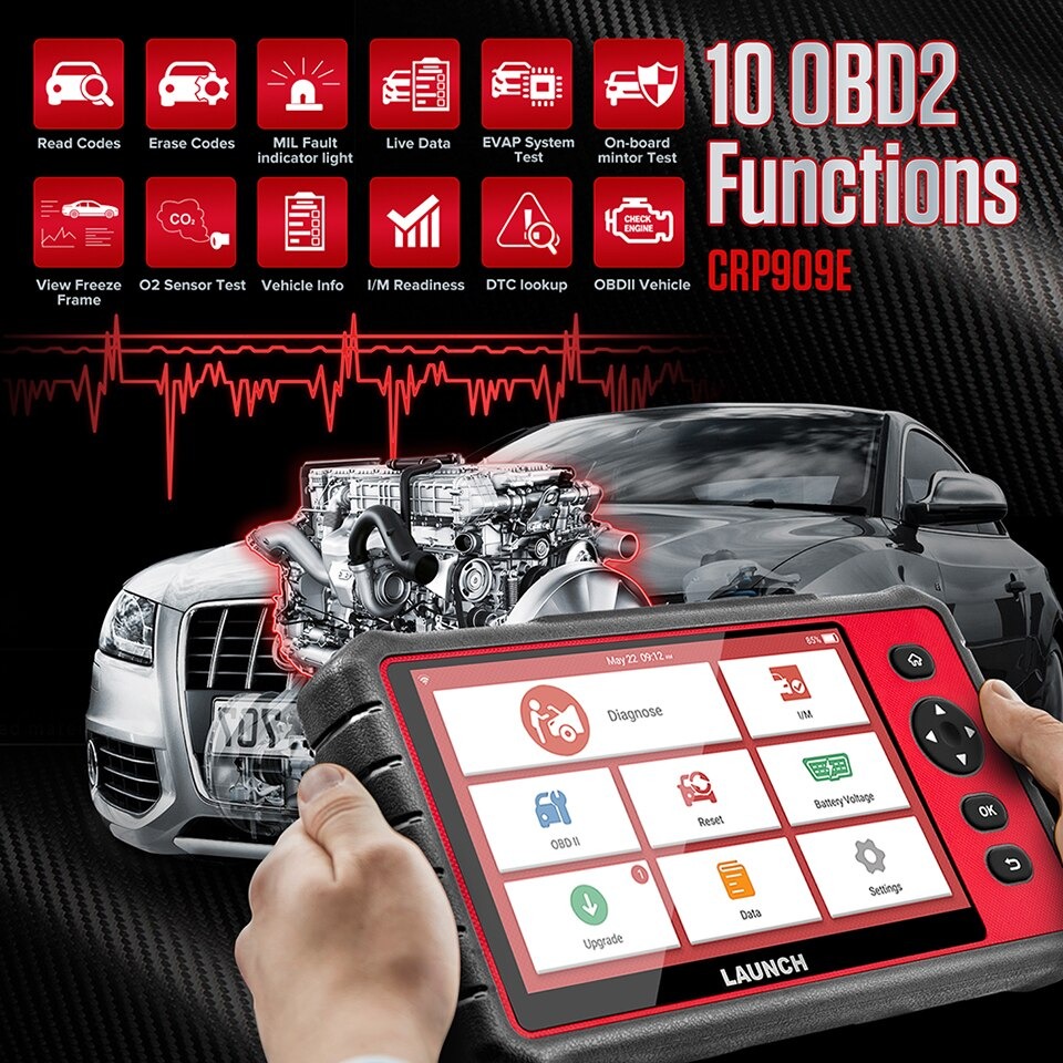 LAUNCH X431 CRP909E OBD2 เครื่องมือวินิจฉัยรถยนต์ Bluetooth / Wi-Fi เครื่องมือวิเคราะห์รถยนต์ เครื่องสแกนรถยนต์ เครื่องสแกนโค้ด วิเคราะห์รถยนต์ อ่านโค้ดต่างๆ Code Reader Car Scanner Automotive Diagnostic Tool