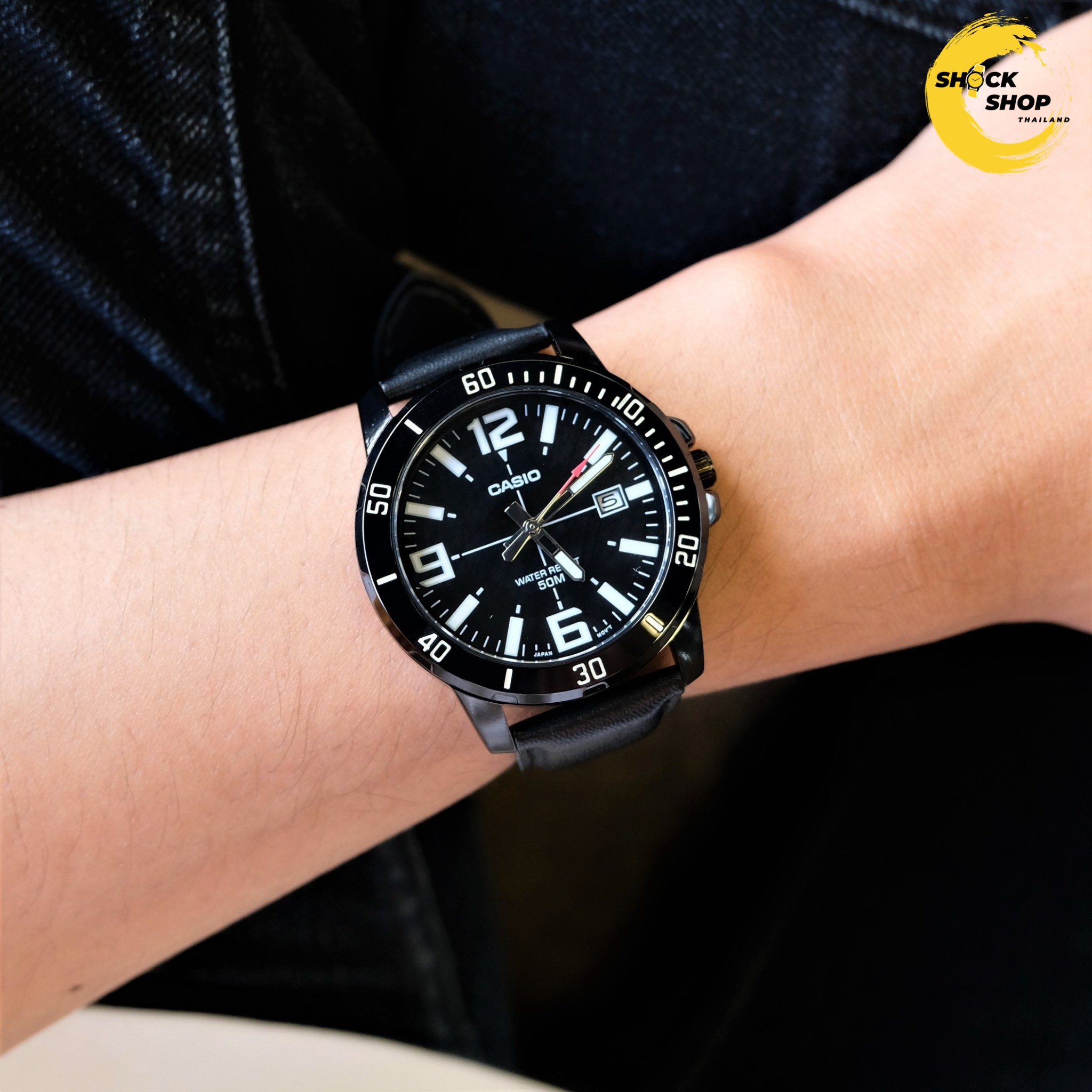 CASIO นาฬิกาผู้ชาย รุ่น MTP-VD01BL-1BV สายหนัง สีดำ คาสิโอ