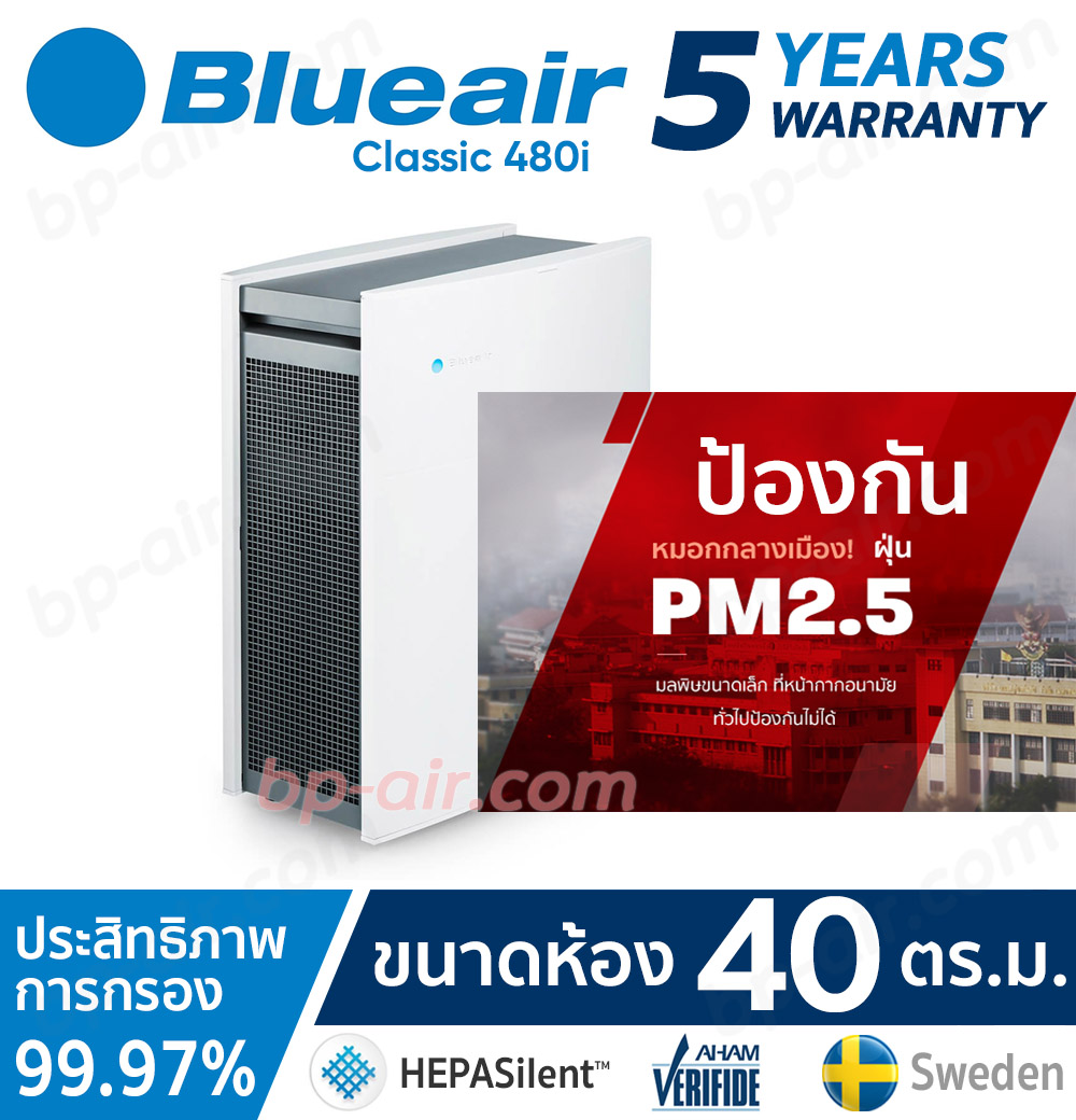 เครื่องฟอกอากาศ BlueAir รุ่น Classic 480i แผ่นกรอง Smokestop รองรับขนาดพื้นที่ 40 ตร.ม. กรอง PM2.5 ได้