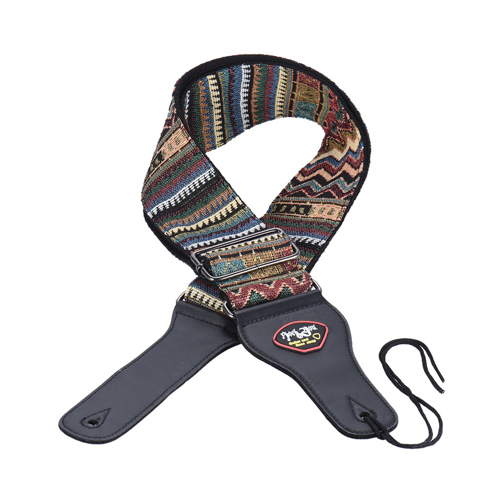 Adjustable Guitar Shoulder Strap Cotton PU Leather Ends with Pick Pocket Tie for Acoustic Folk Classical Electric Guitar Bass Hootenanny Style Pattern