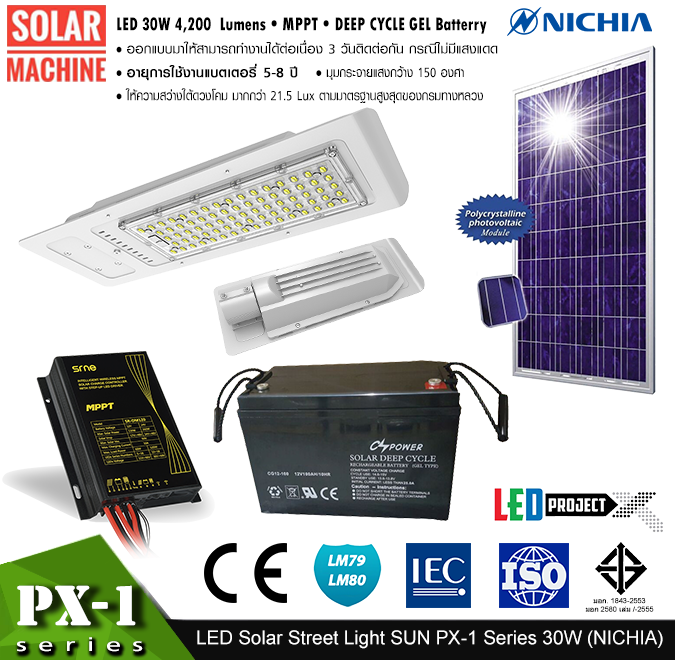 ชุดไฟถนนโซล่าร์เซลล์ LED Street Light Solarcell : SUN PX1 series 30W 5,250 ลูเมน